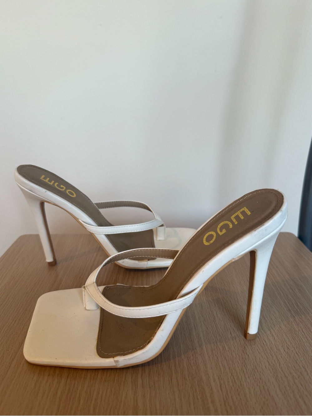 EGO White Square-Toe Stiletto Slide Heels